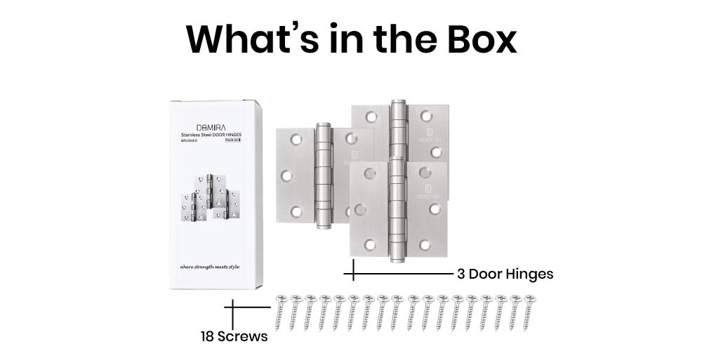 DOMIRA door hinge set box contents for interior and exterior doors, silver 3 inch