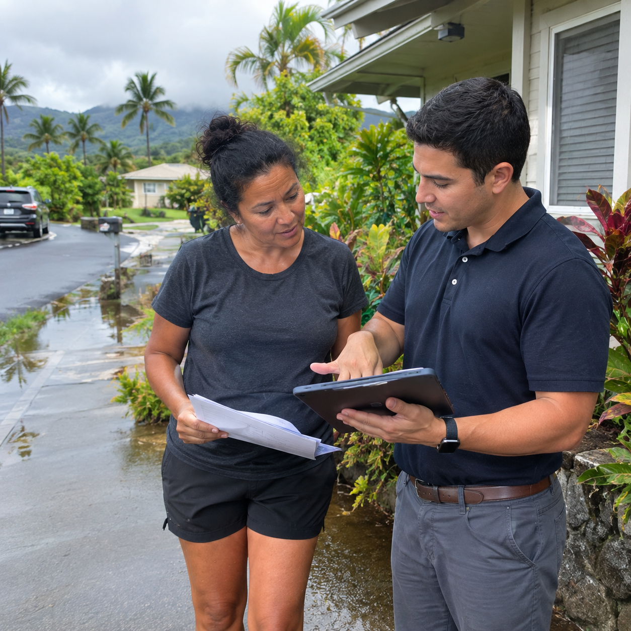 Two people discussing flood zone X Hawaii and flood insurance coverage.