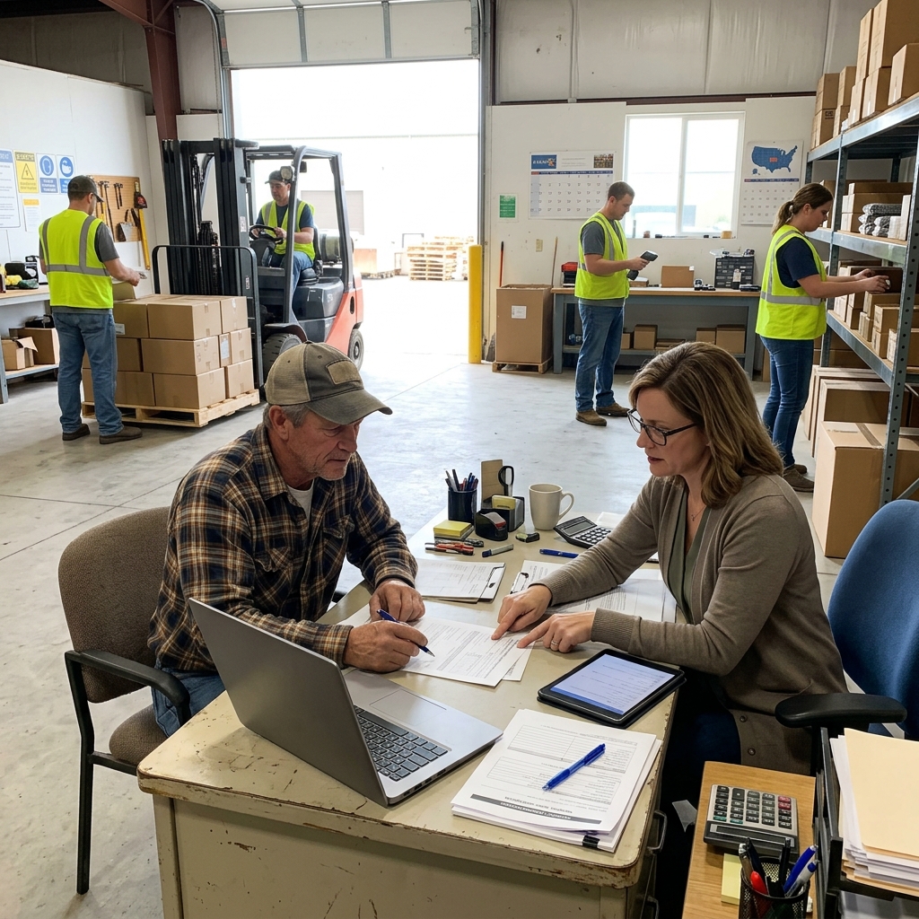 Two people discussing workers compensation insurance in Kansas.