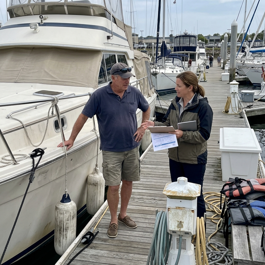 Yacht owner reviewing insurance documents with a marine insurance advisor beside the yacht at a marina.