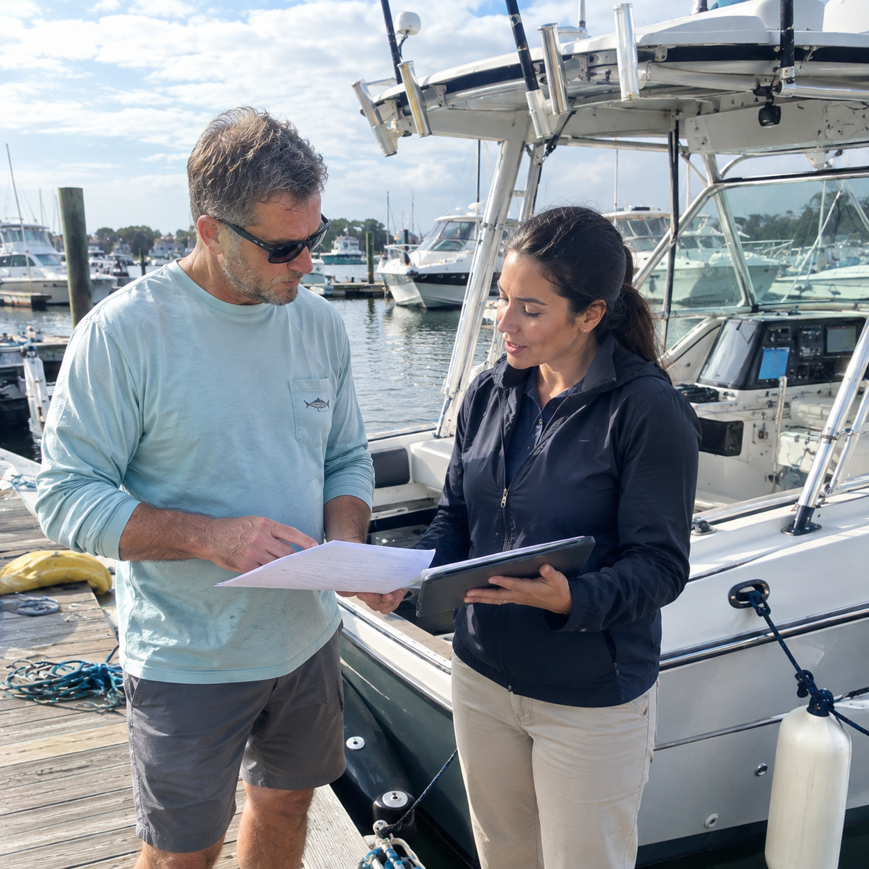 Two people discussing boat insurance and what does it cover.