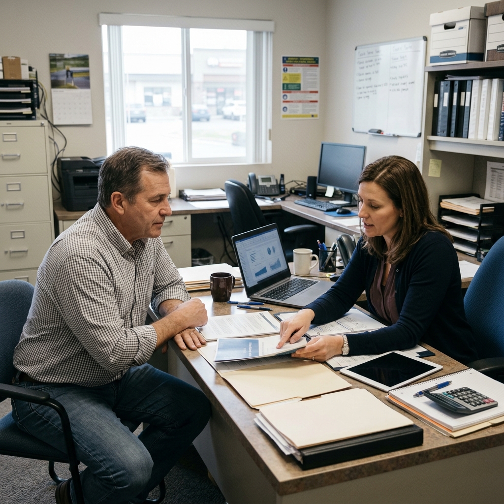 Two people discussing business owner death insurance.