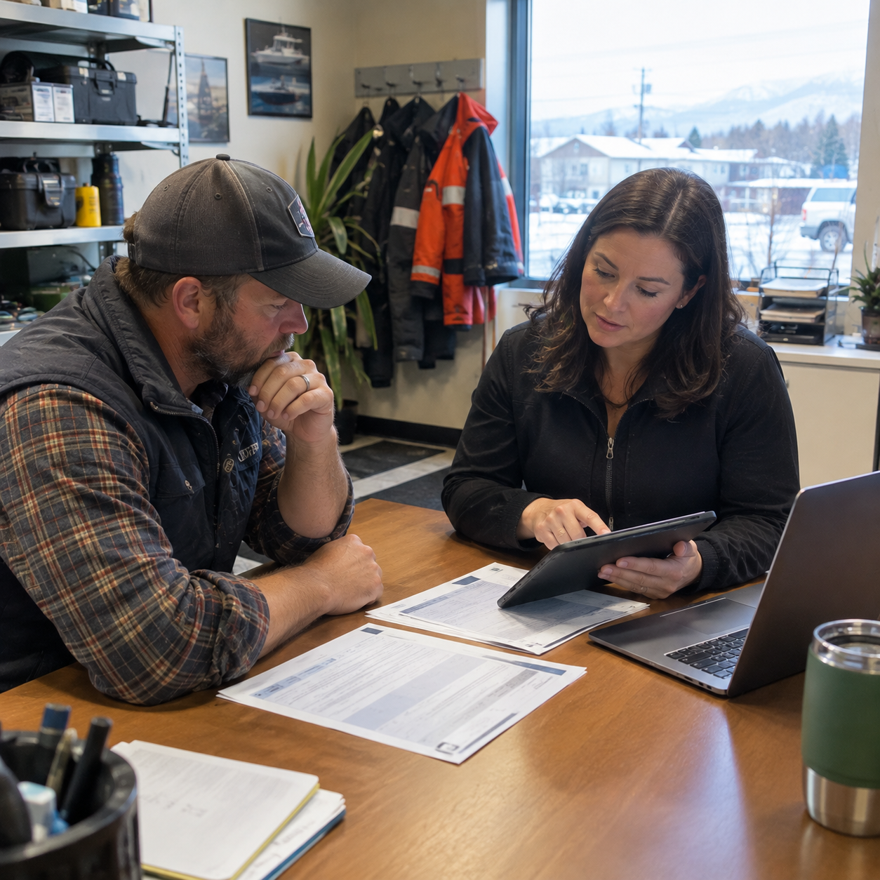 Alaska business owner reviewing general liability insurance coverage with an insurance advisor.