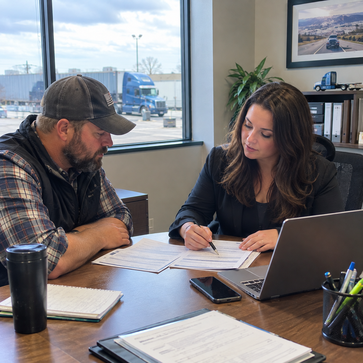 Des Moines trucker reviewing commercial trucking insurance information with an insurance advisor.