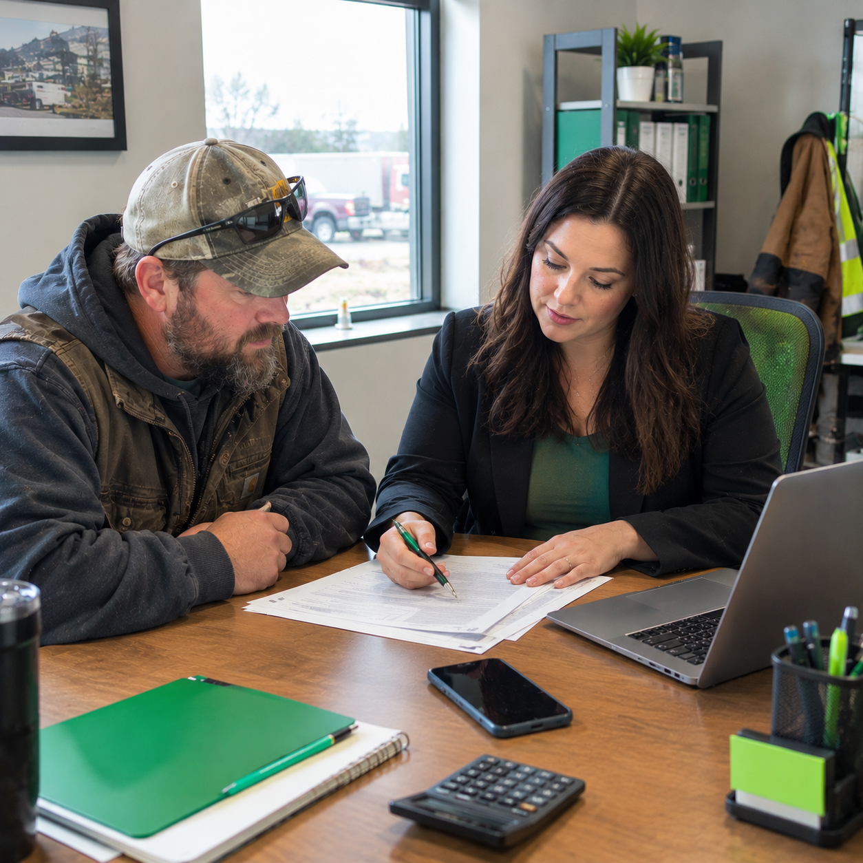 Business owner reviewing a workers compensation insurance policy sample with an insurance advisor.