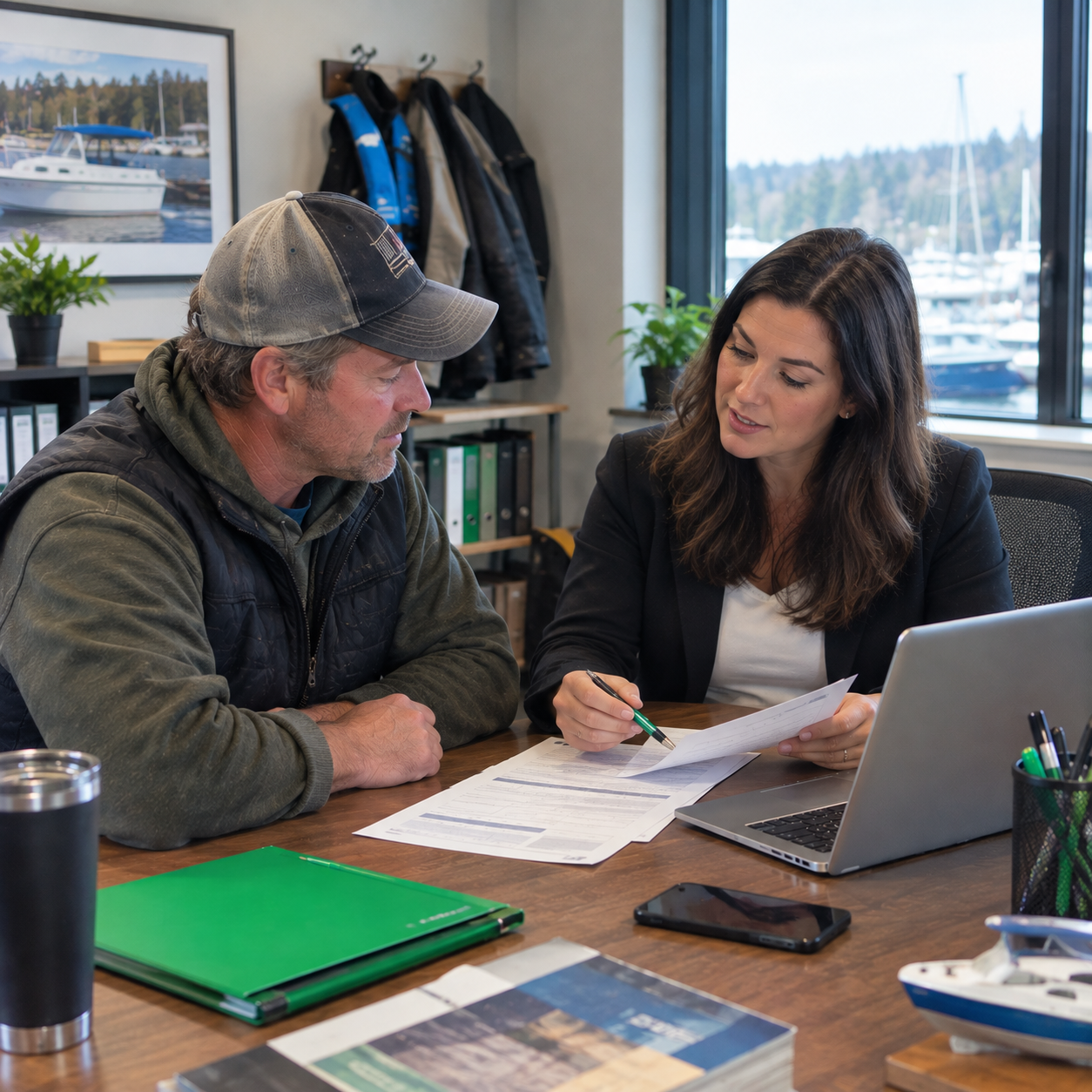 Washington boat owner discussing boat insurance with an insurance advisor in an office.
