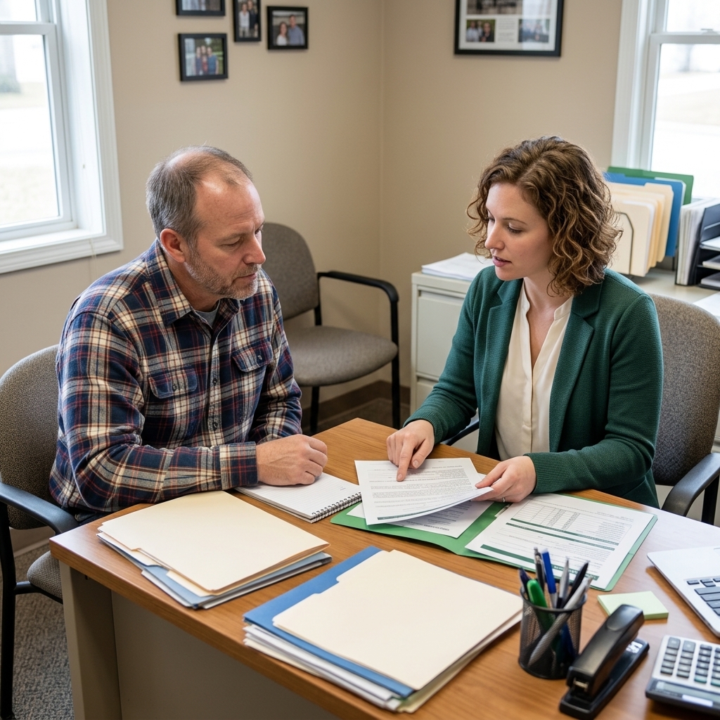 Small business owner reviewing general liability insurance coverage with an insurance advisor.
