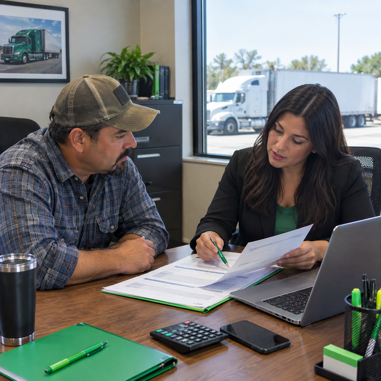 Texas trucking business owner reviewing truckers insurance with an insurance advisor.