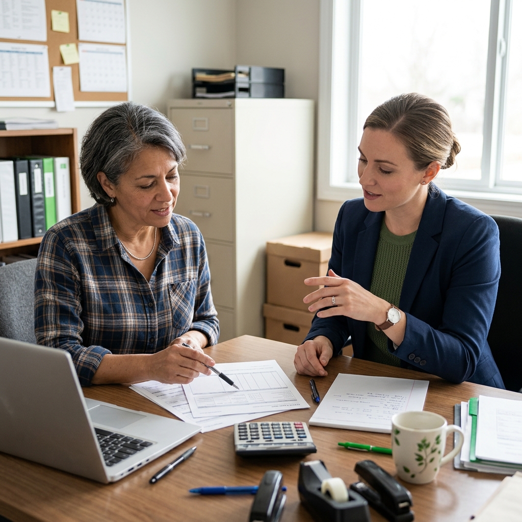 Business owner reviewing workers compensation insurance information with an insurance advisor.