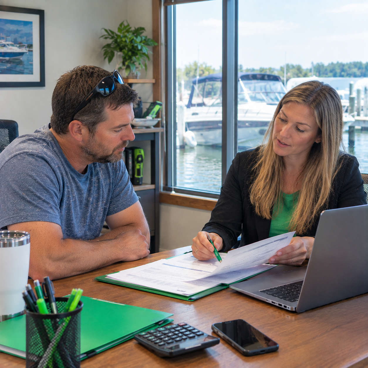 Boat owner reviewing insurance information with an insurance advisor near a marina.