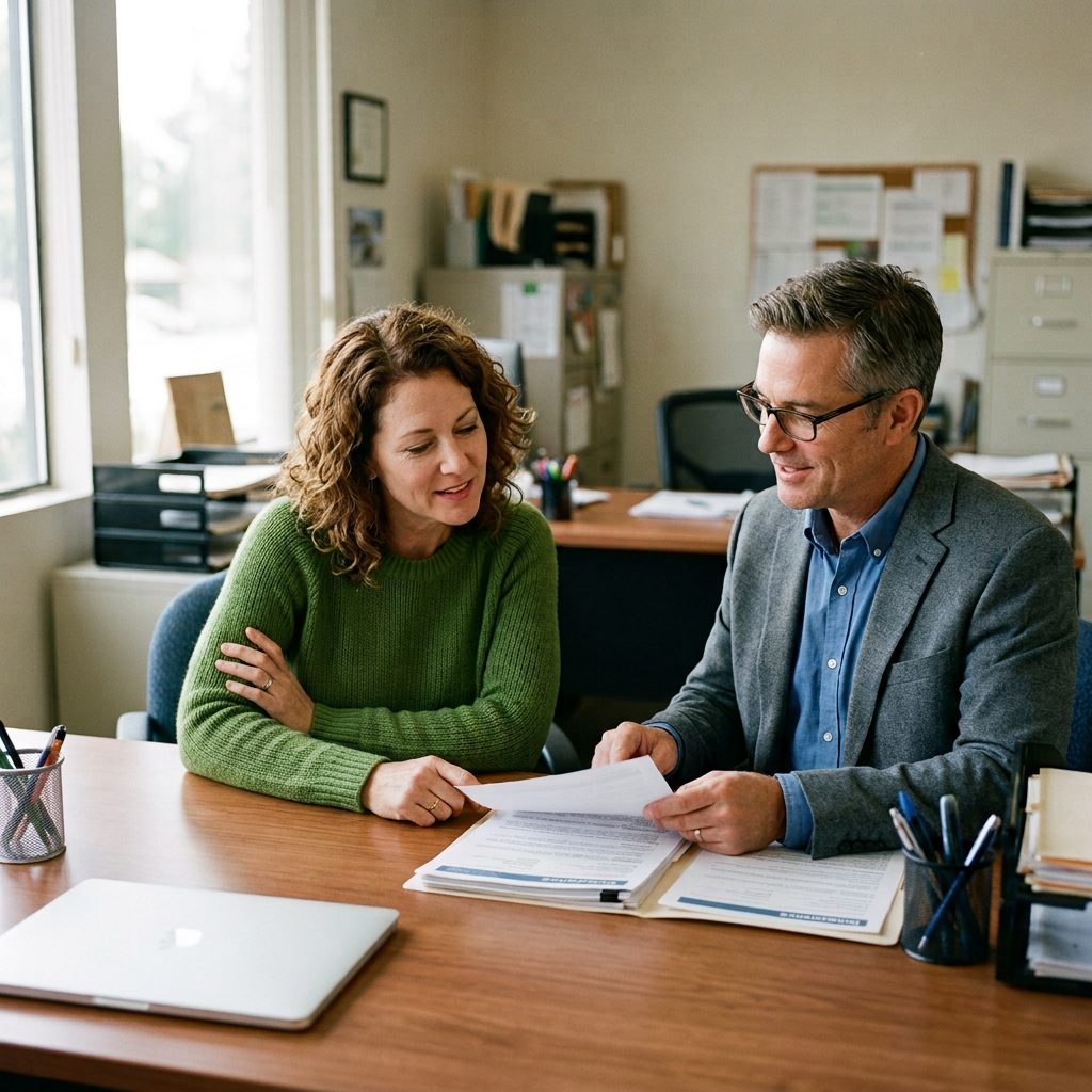 California small business owner reviewing workers compensation insurance information with an insurance advisor at an office desk.