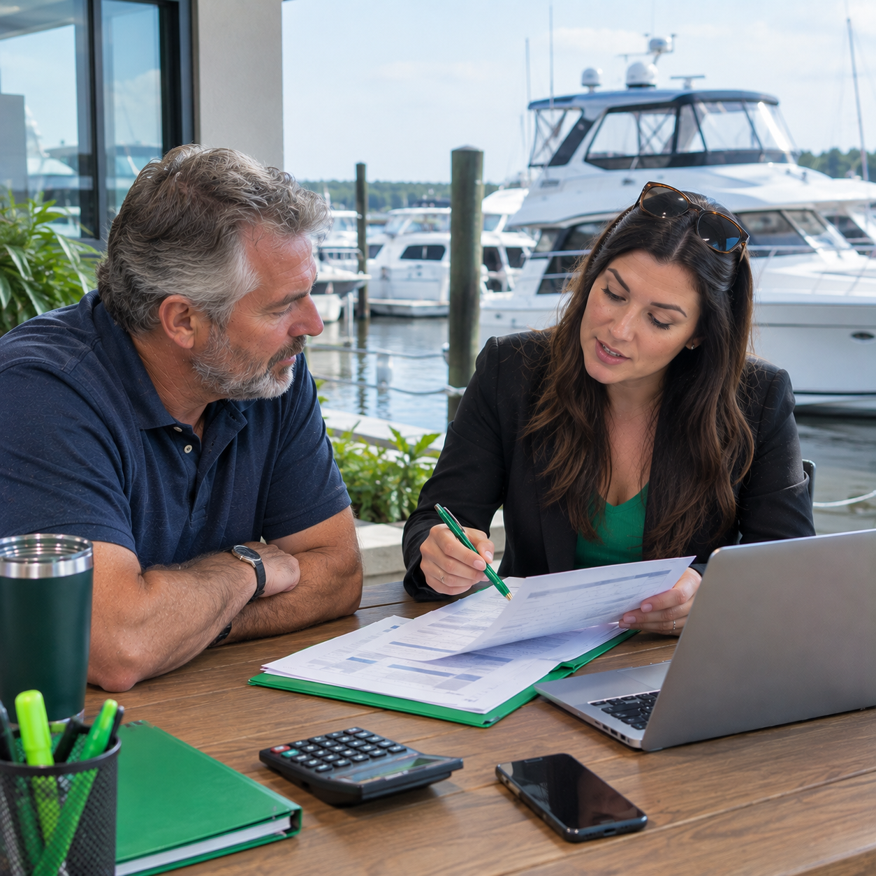 Yacht owner reviewing marine insurance requirements with an insurance advisor near a marina.