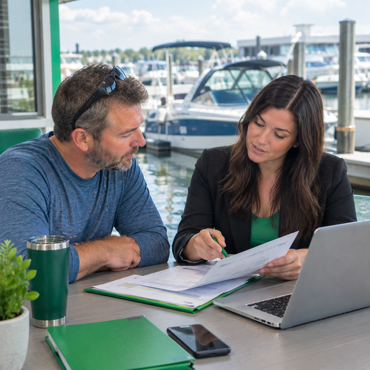 Boat owner reviewing insurance information with an insurance advisor near a marina.
