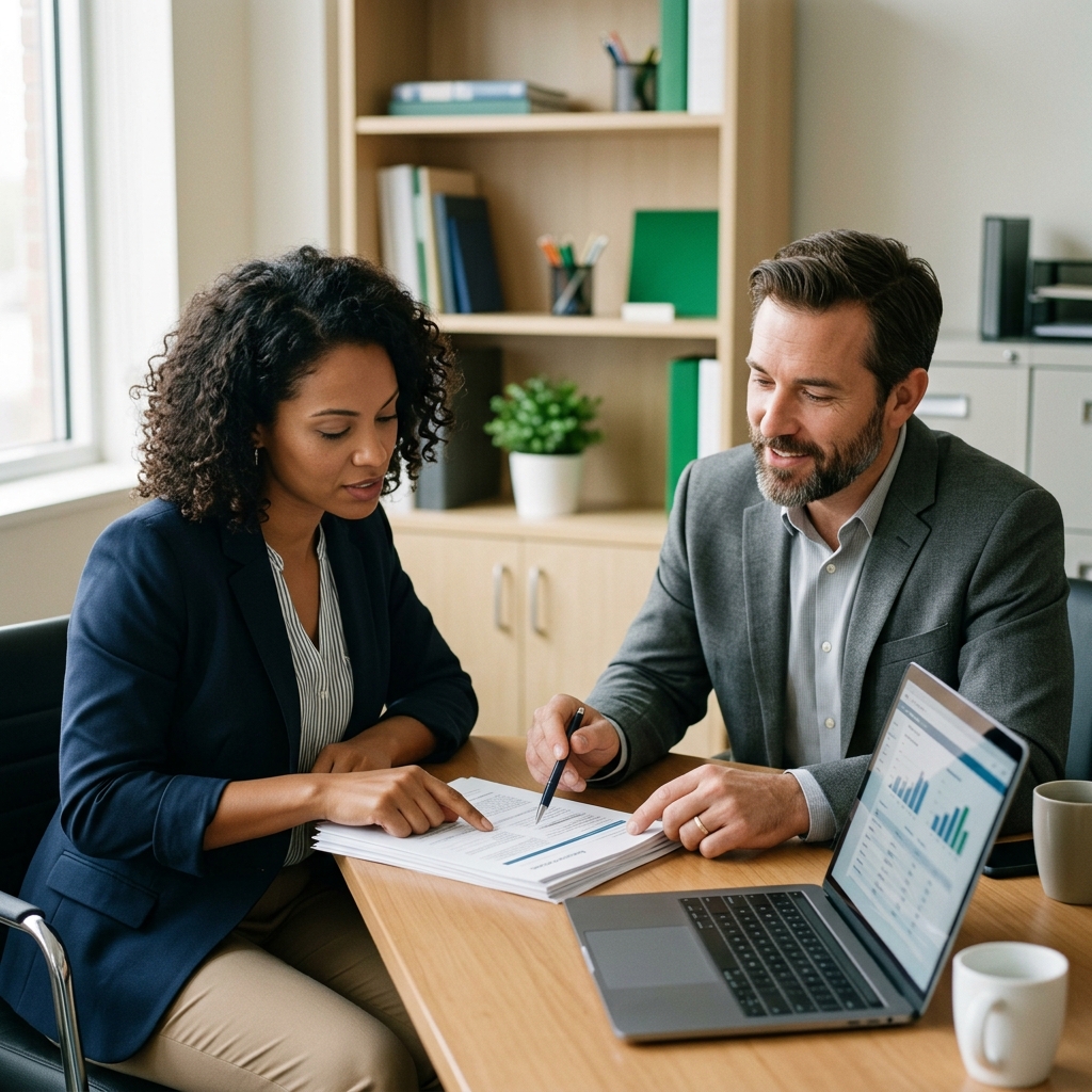 Real estate agent reviewing insurance information with an insurance advisor in an office.