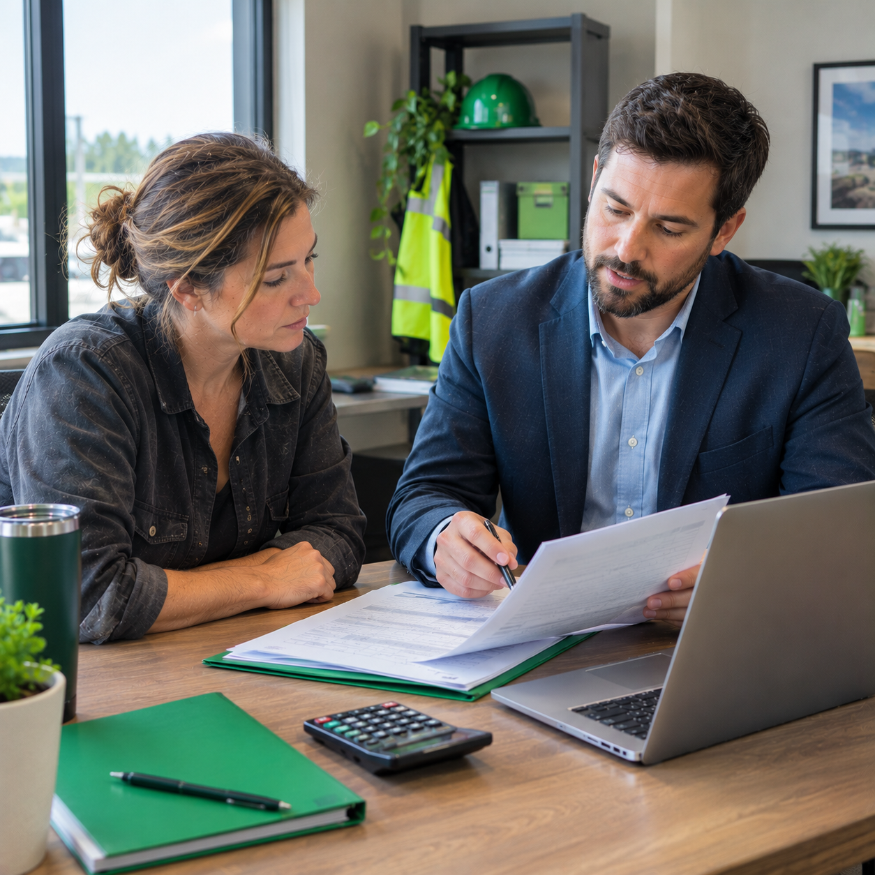 South Carolina business owner reviewing workers’ compensation insurance documents with an insurance advisor.