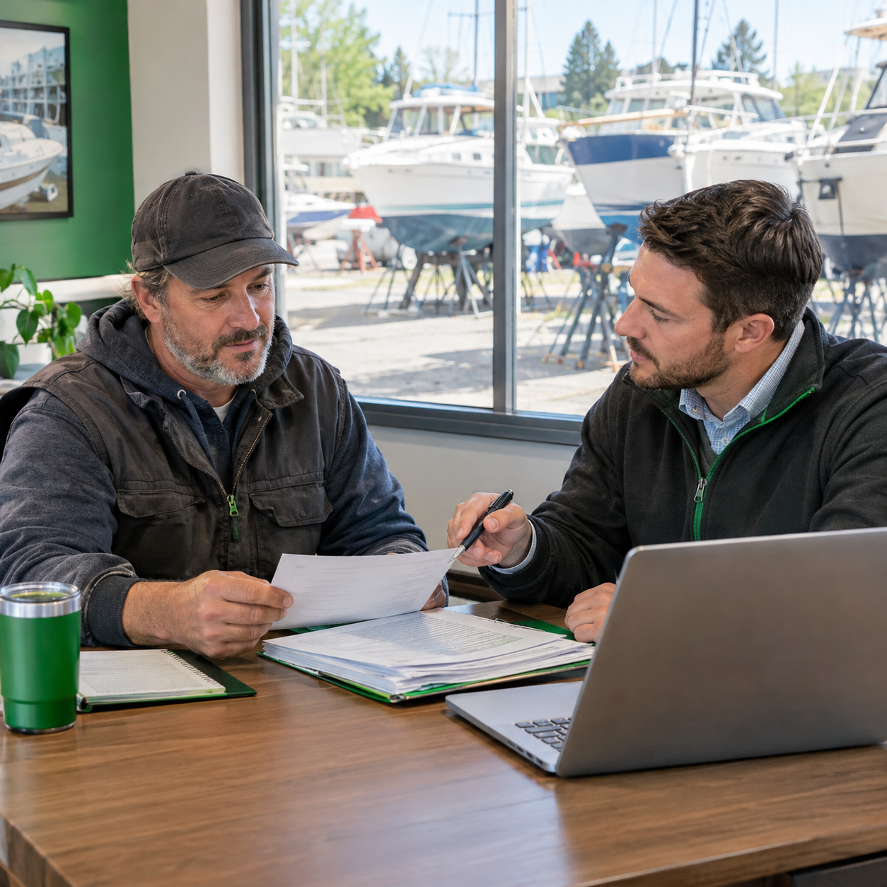Boat yard operator reviewing insurance documents with an insurance advisor near stored boats.