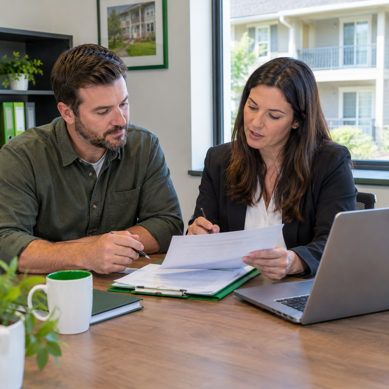Rental property owner reviewing general liability insurance documents with an insurance advisor.