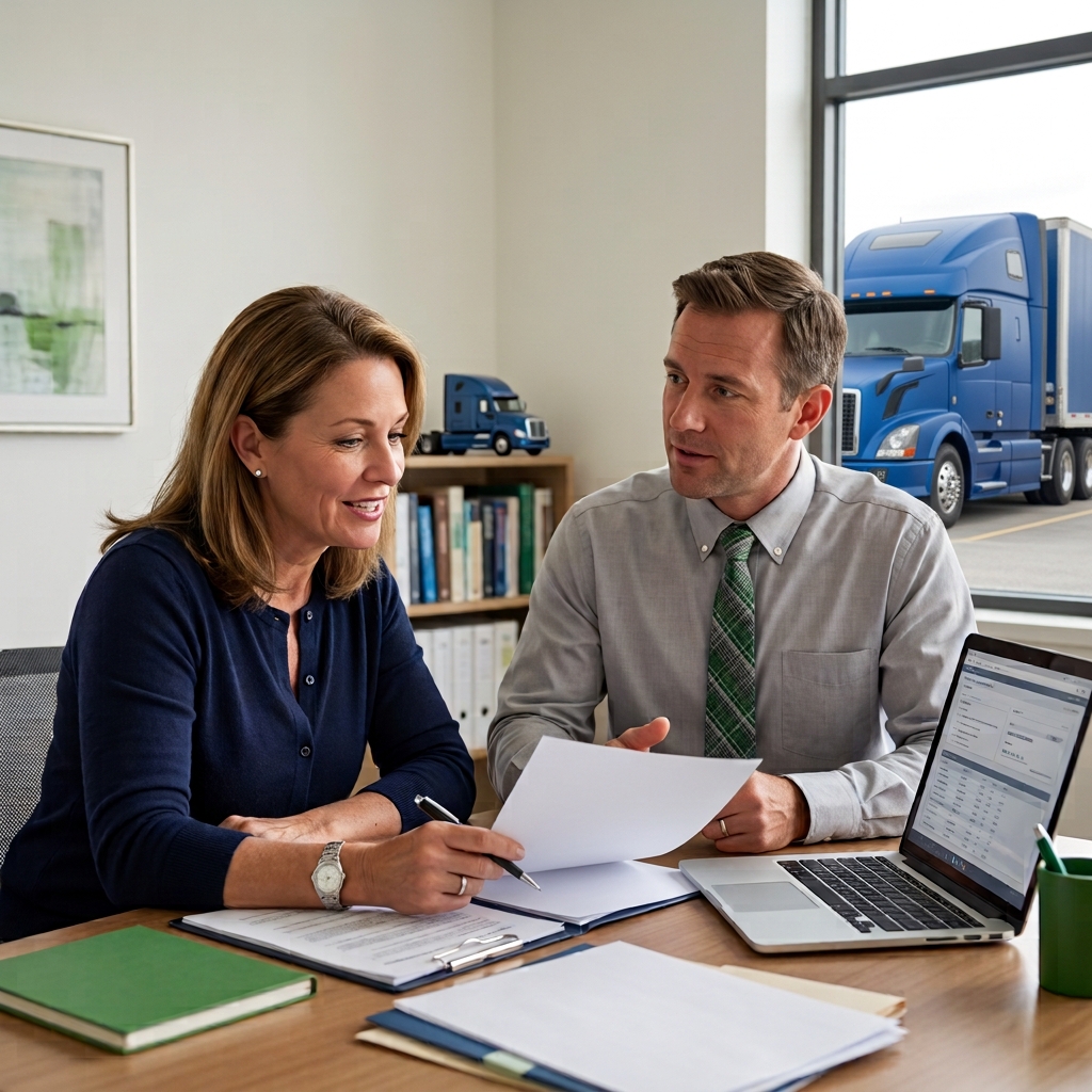 Trucking business owner reviewing commercial truck insurance documents with an insurance advisor.