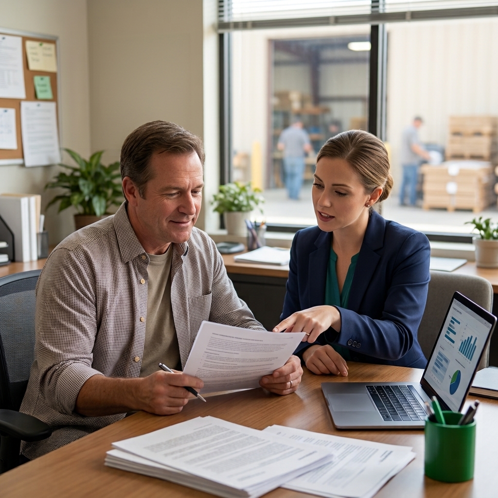 Texas business owner reviewing workers compensation insurance documents with an insurance advisor.