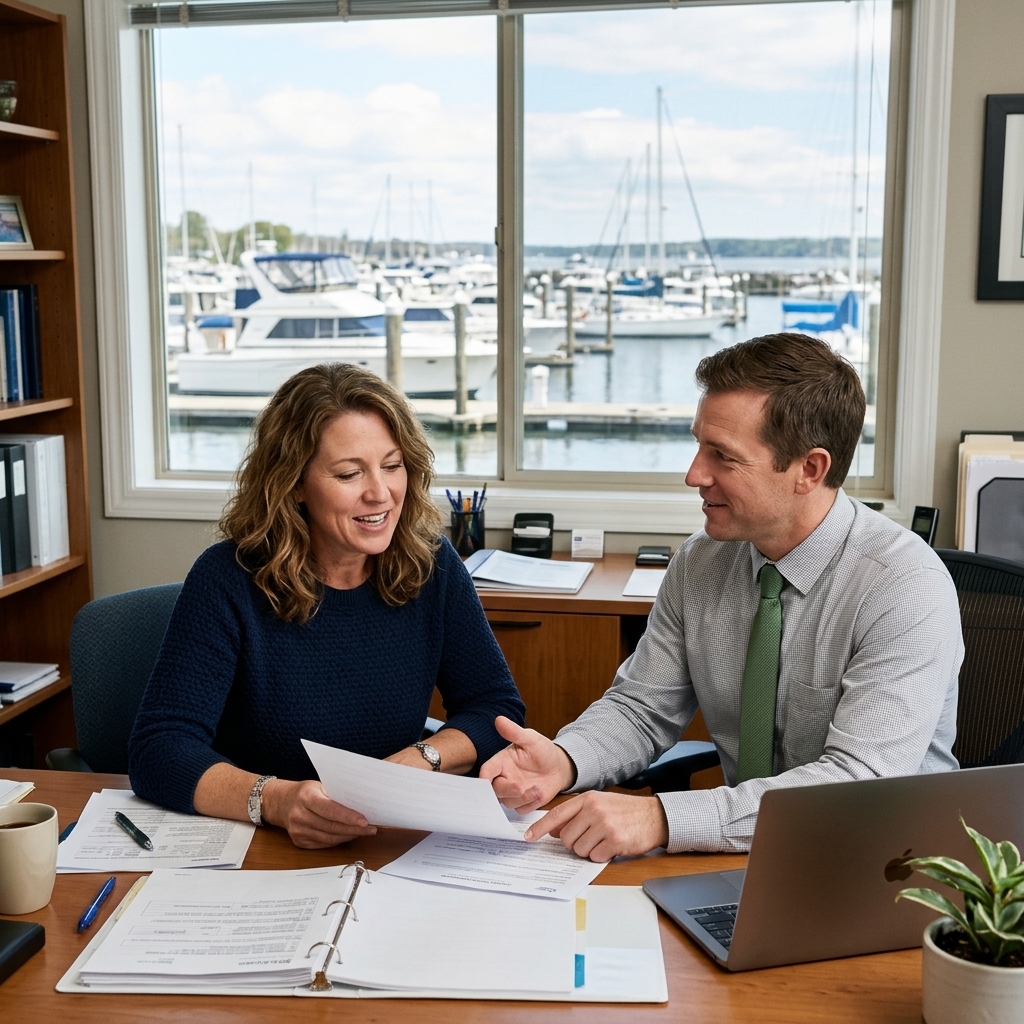 Boat owner reviewing marine insurance documents with an insurance advisor.