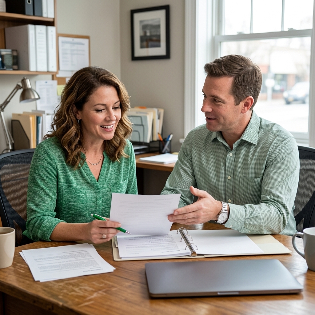 Small business owner reviewing commercial insurance policy documents with an insurance advisor at an office desk.