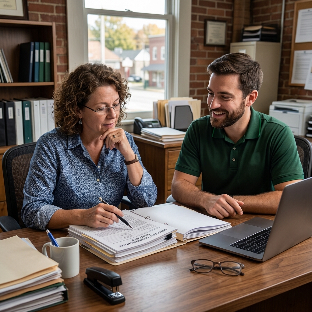 Small business owner in West Virgini reviewing workers’ compensation with an insurance at an office desk.