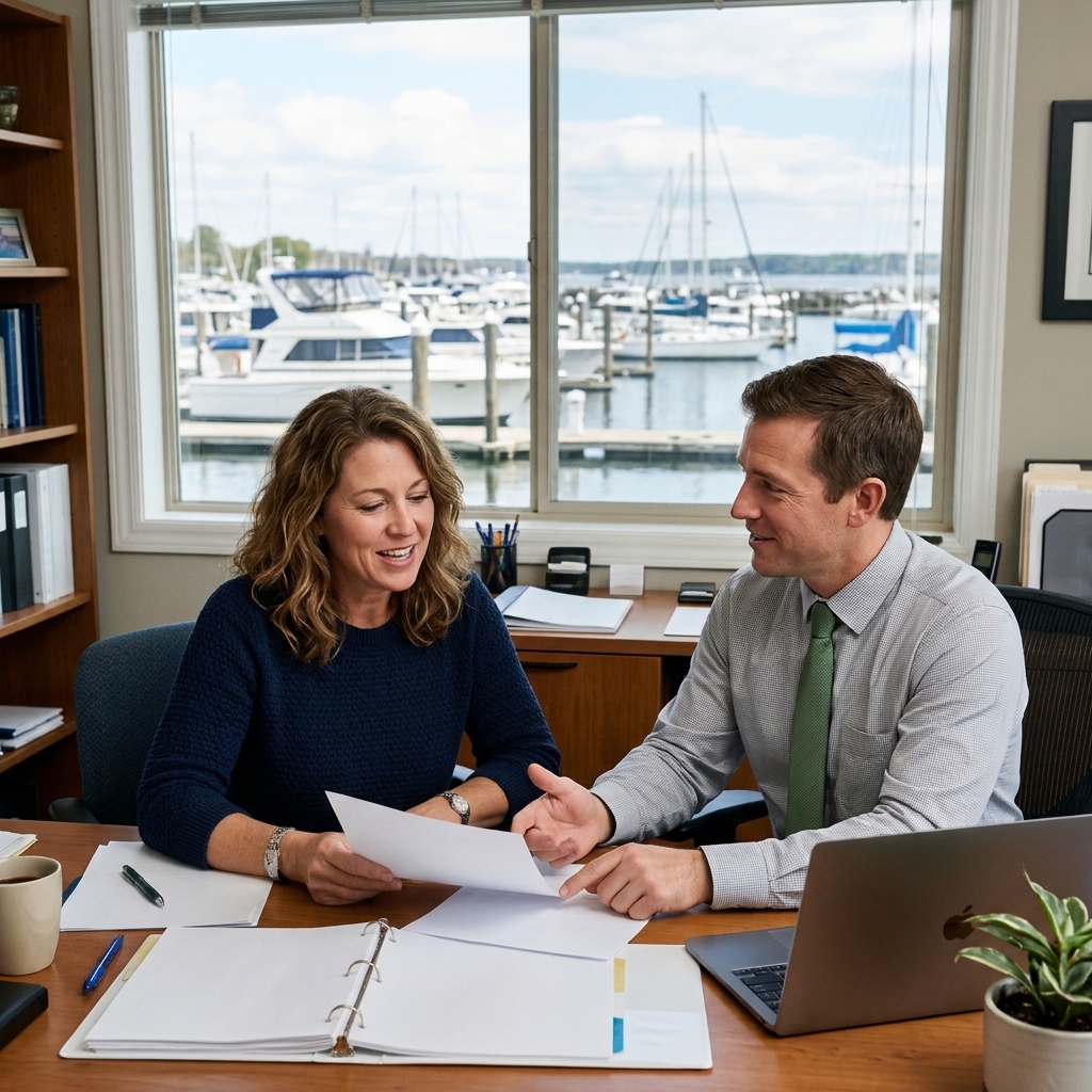 Yacht owner reviewing marine insurance documents with an insurance advisor beside a laptop at a marina.