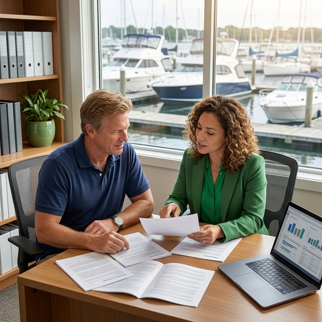 Boat owner reviewing marine insurance documents with an insurance advisor beside a laptop at a marina.