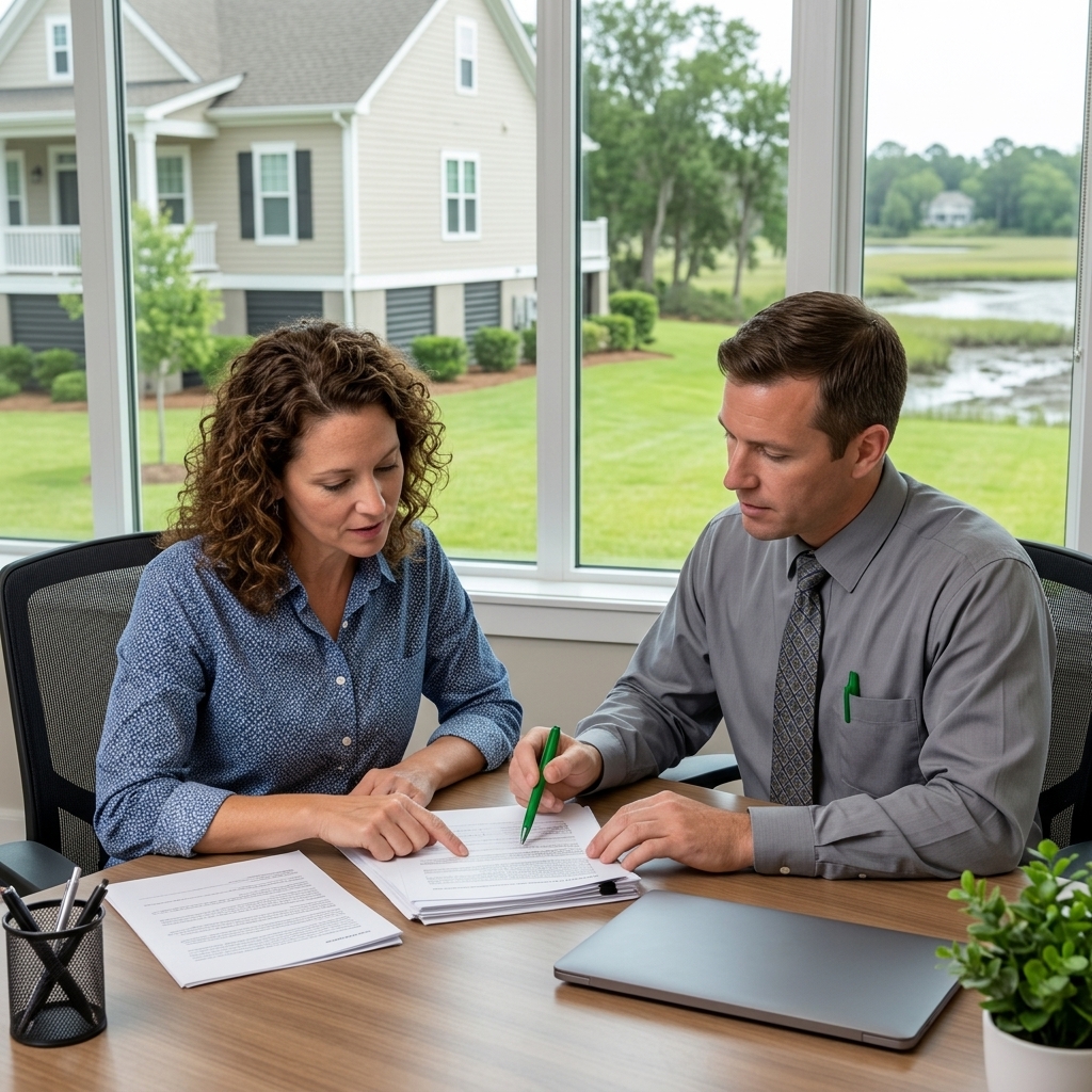 Property owner reviewing flood insurance documents with an insurance advisor at a desk, with a flood-affected home visible outside.
